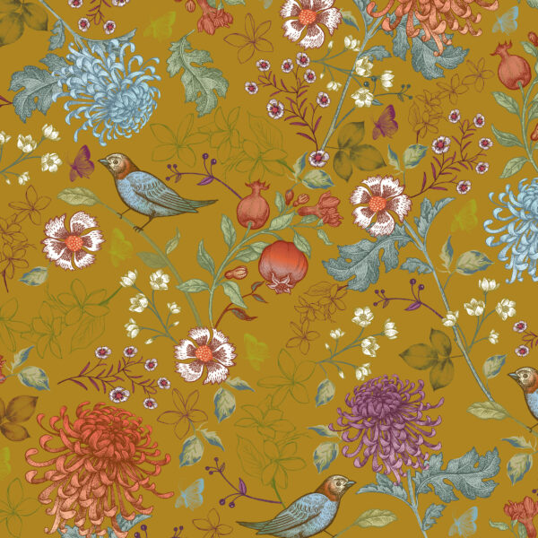 Roos Mooier Cadeaupapier Birdy Blossum Oker 50cm x 200 mtr 80gr/m²