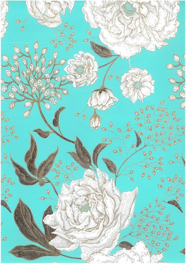 Roos Mooier Cadeaupapier Bloemen turquoise wit-goud 30cmx200m