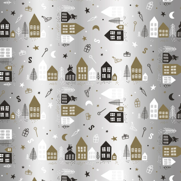 Roos Mooier Cadeaupapier Sint Huisje zilver met goud opdruk 30cm x 250mtr 80gr/m² V