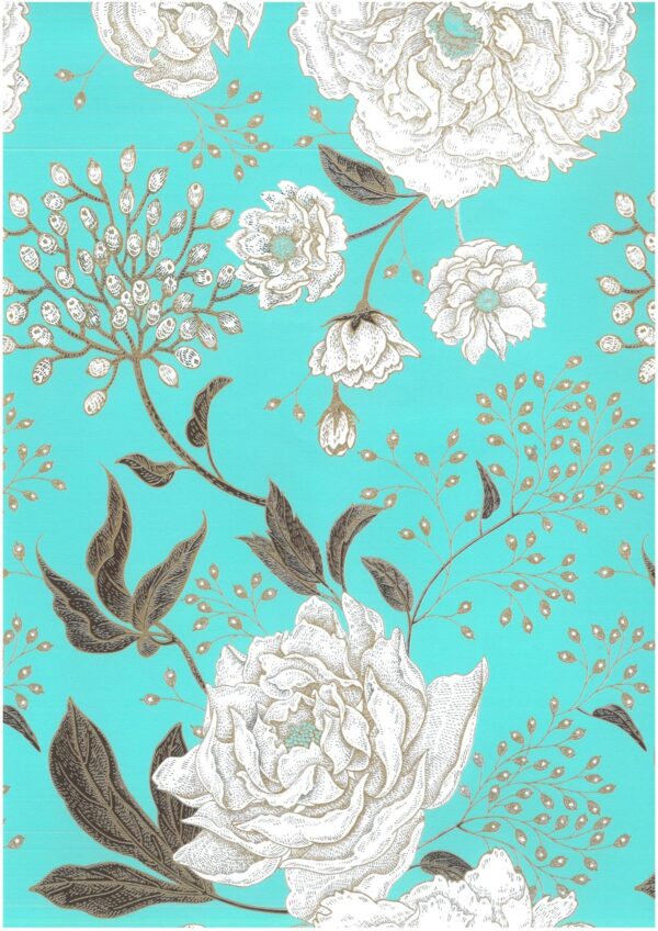 Roos Mooier Cadeaupapier Bloemen turquoise wit-goud 30cmx200m